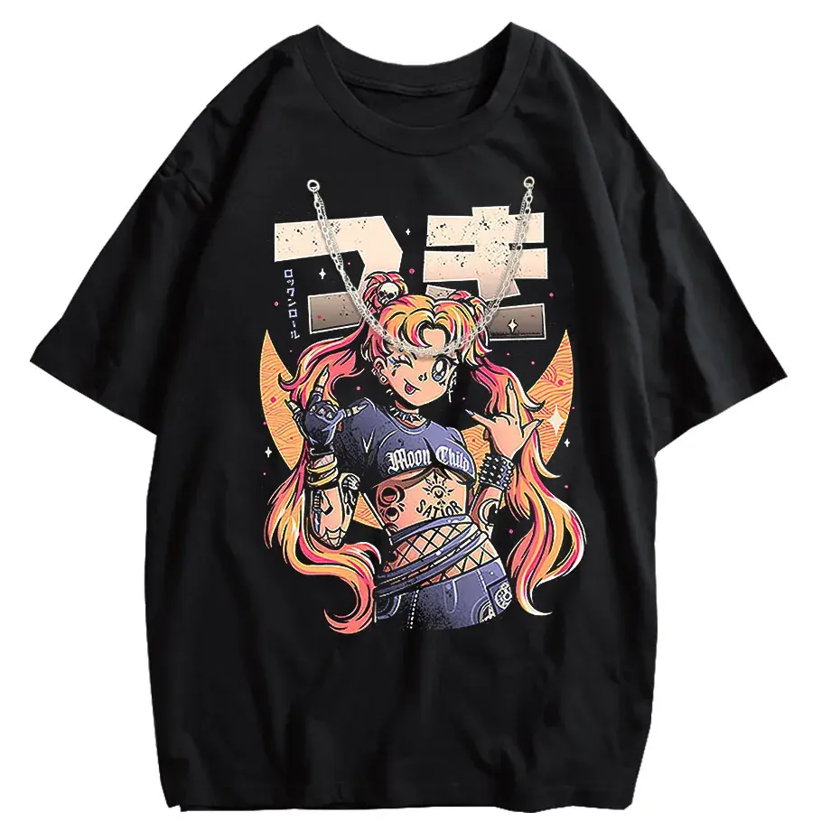 Men's Retro Anime Girl Graphic T-Shirt Cotton Oversized Vintage Tee by Vimost Shop