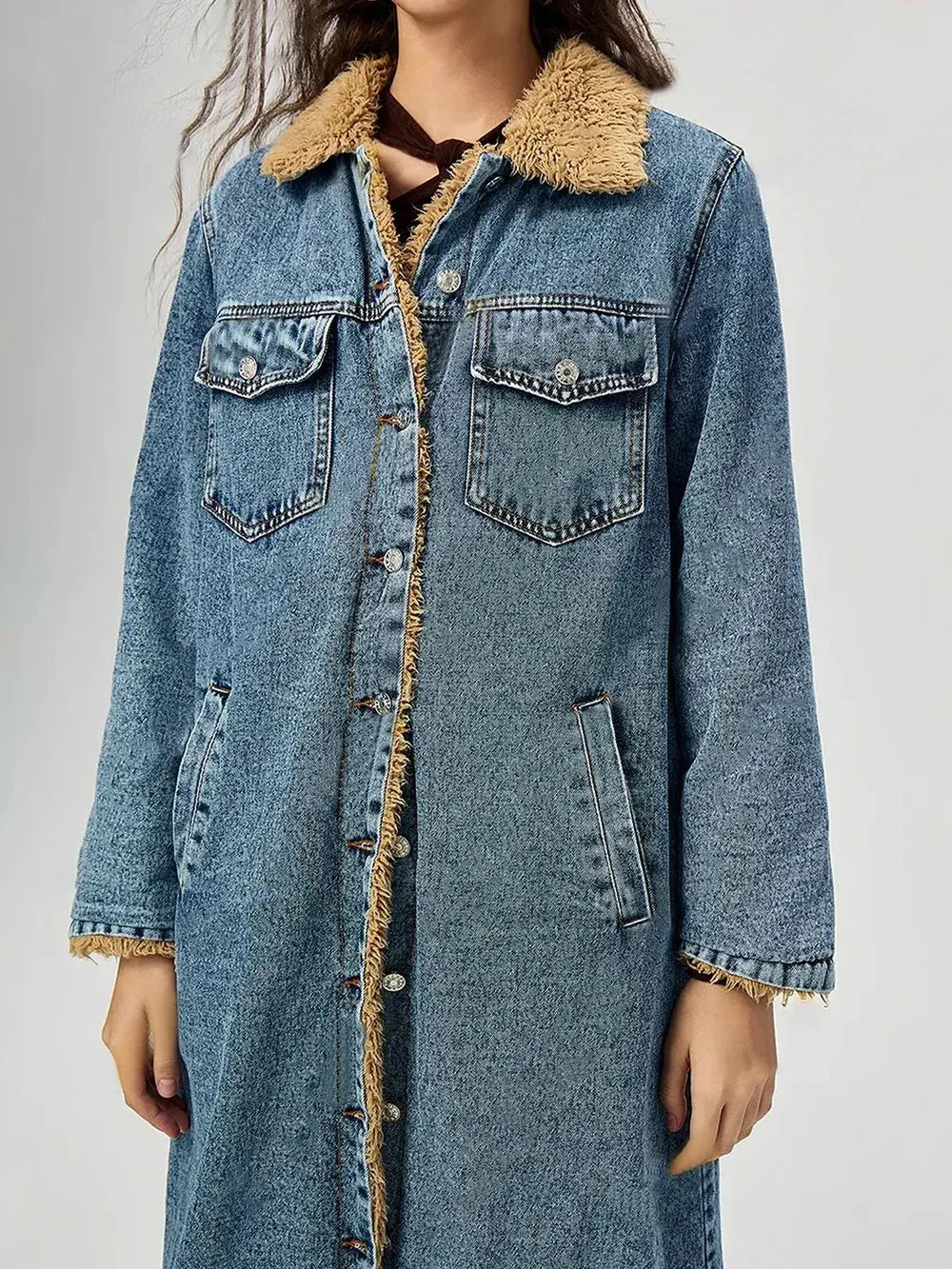 Pocketed Button Up Denim Jacket with Fur Lining by Partner Label