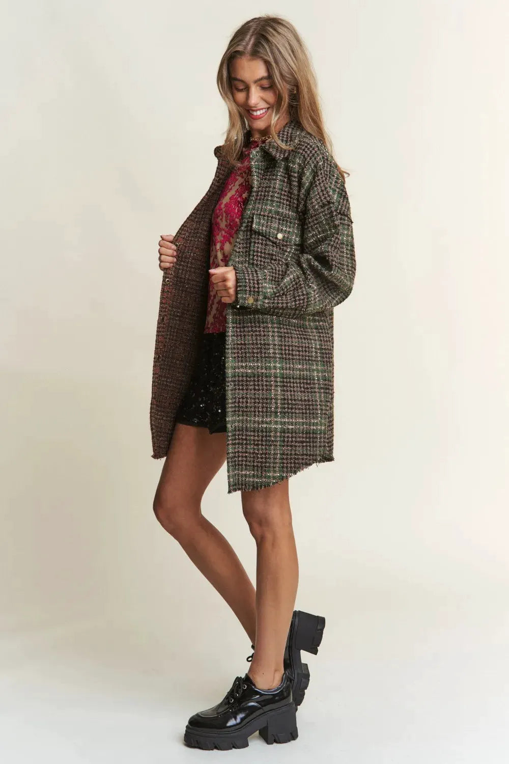 J.NNA Snap Down Tweed Plaid Contrast Longline Shacket by Partner Label