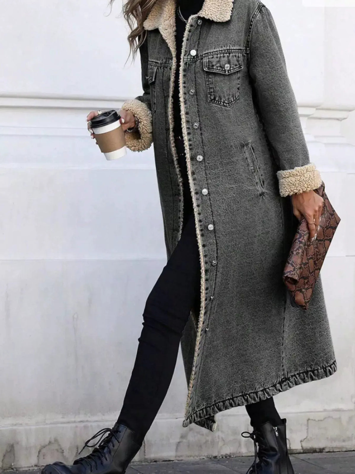 Sherpa Lined Longline Denim Jacket by Partner Label
