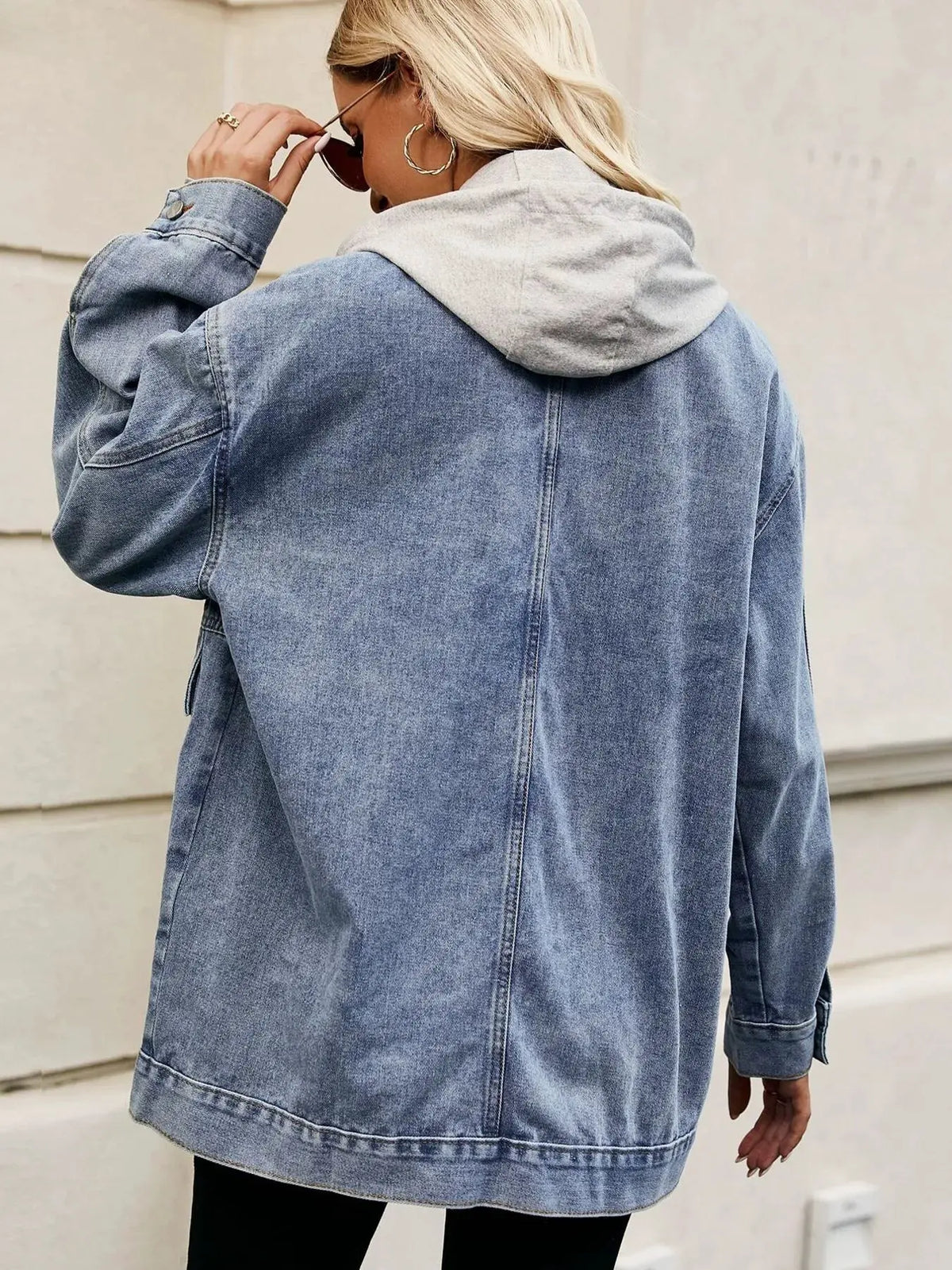 Oversized Button Up Denim Jacket with Hood by Partner Label