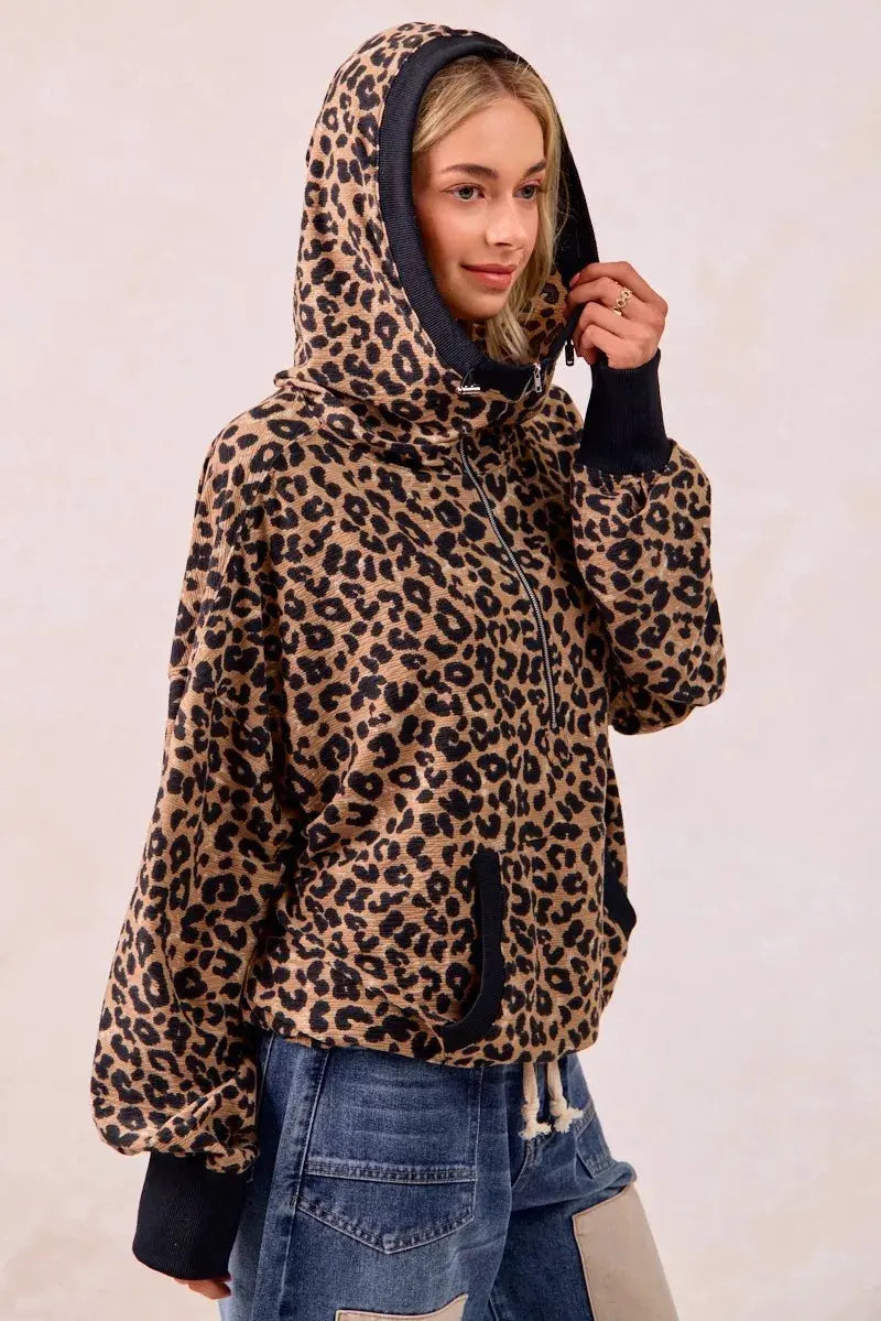 BiBi Leopard Print Waffle Half Zip Up Hoodie W Pocket by BiBi
