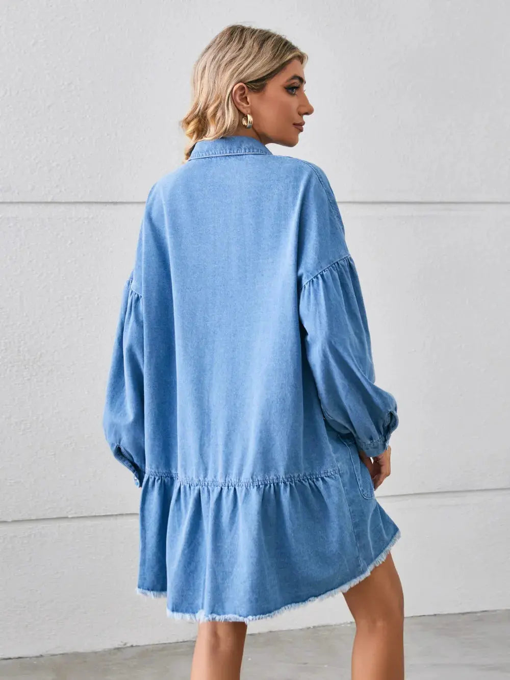 Button Up Pocketed Raw Hem Denim Dress by Partner Label
