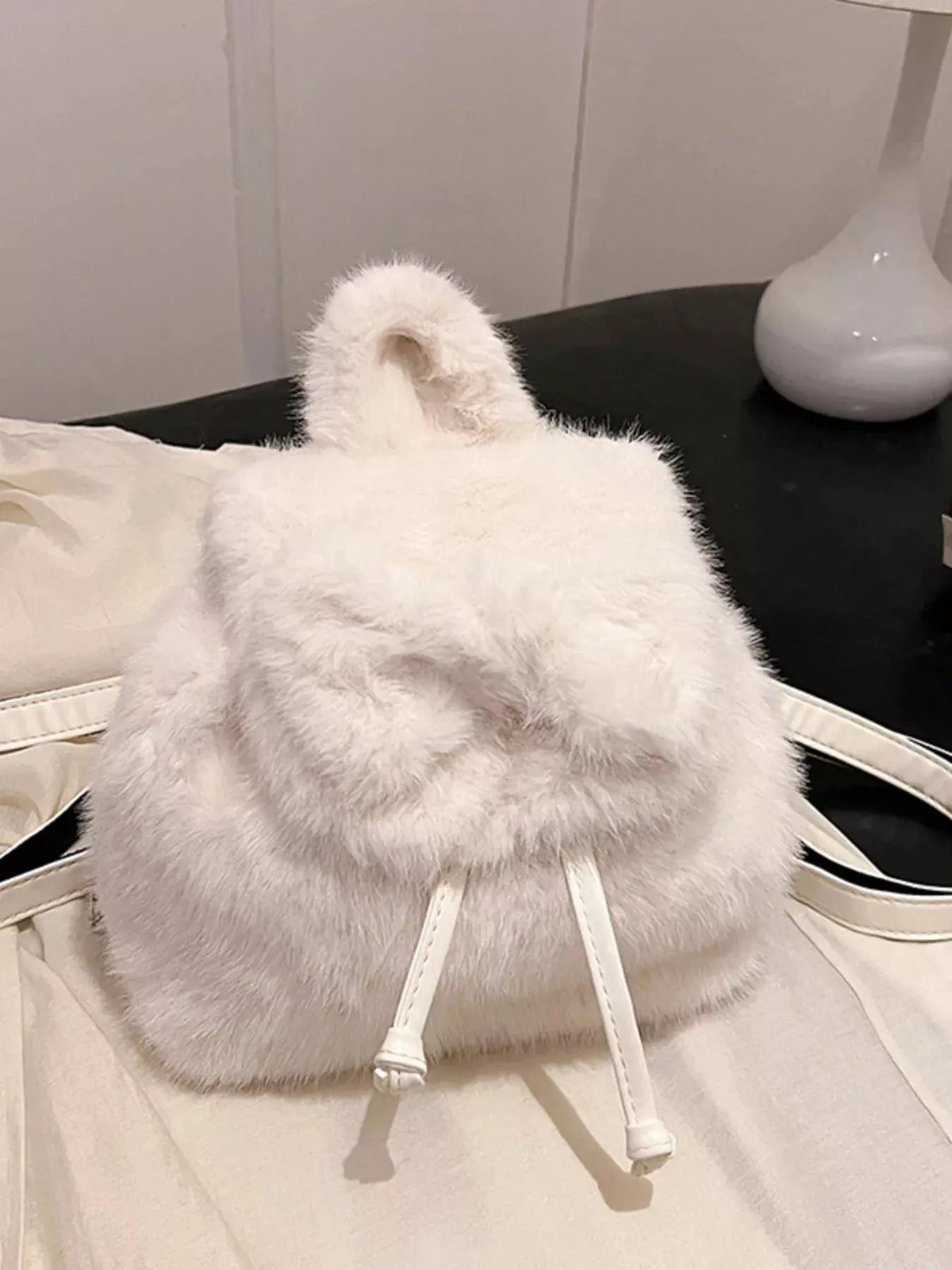 Fuzzy Plush Drawstring Backpack Bag by Partner Label