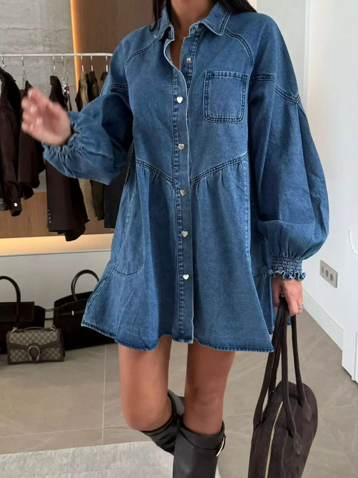 Button Down Mini Denim Dress with Front Pockets by Partner Label