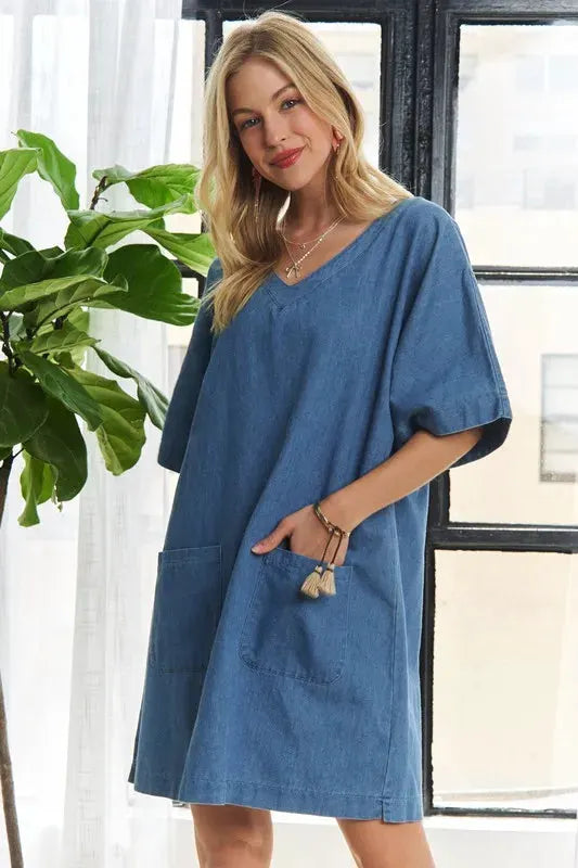 ADORA V-Neck Half Sleeve Mini Denim Dress by Partner Label