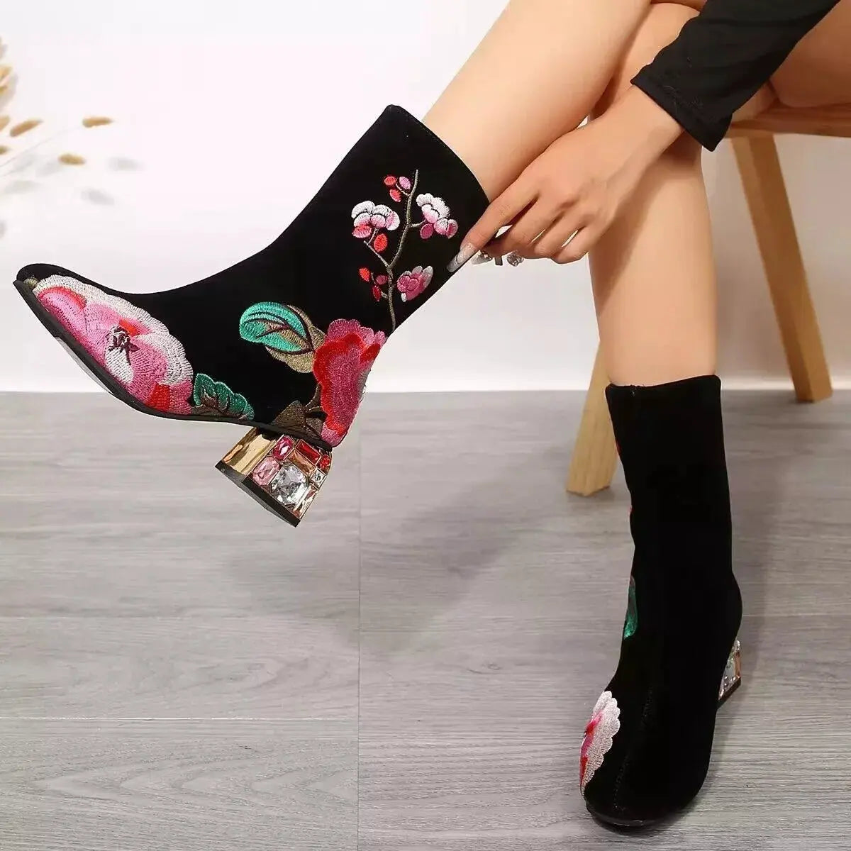Floral Embroidered Rhinestone Block Heel Boots by Partner Label