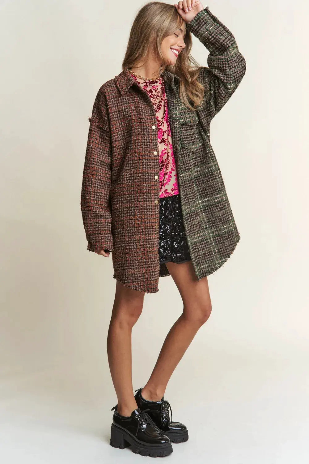 J.NNA Snap Down Tweed Plaid Contrast Longline Shacket by Partner Label