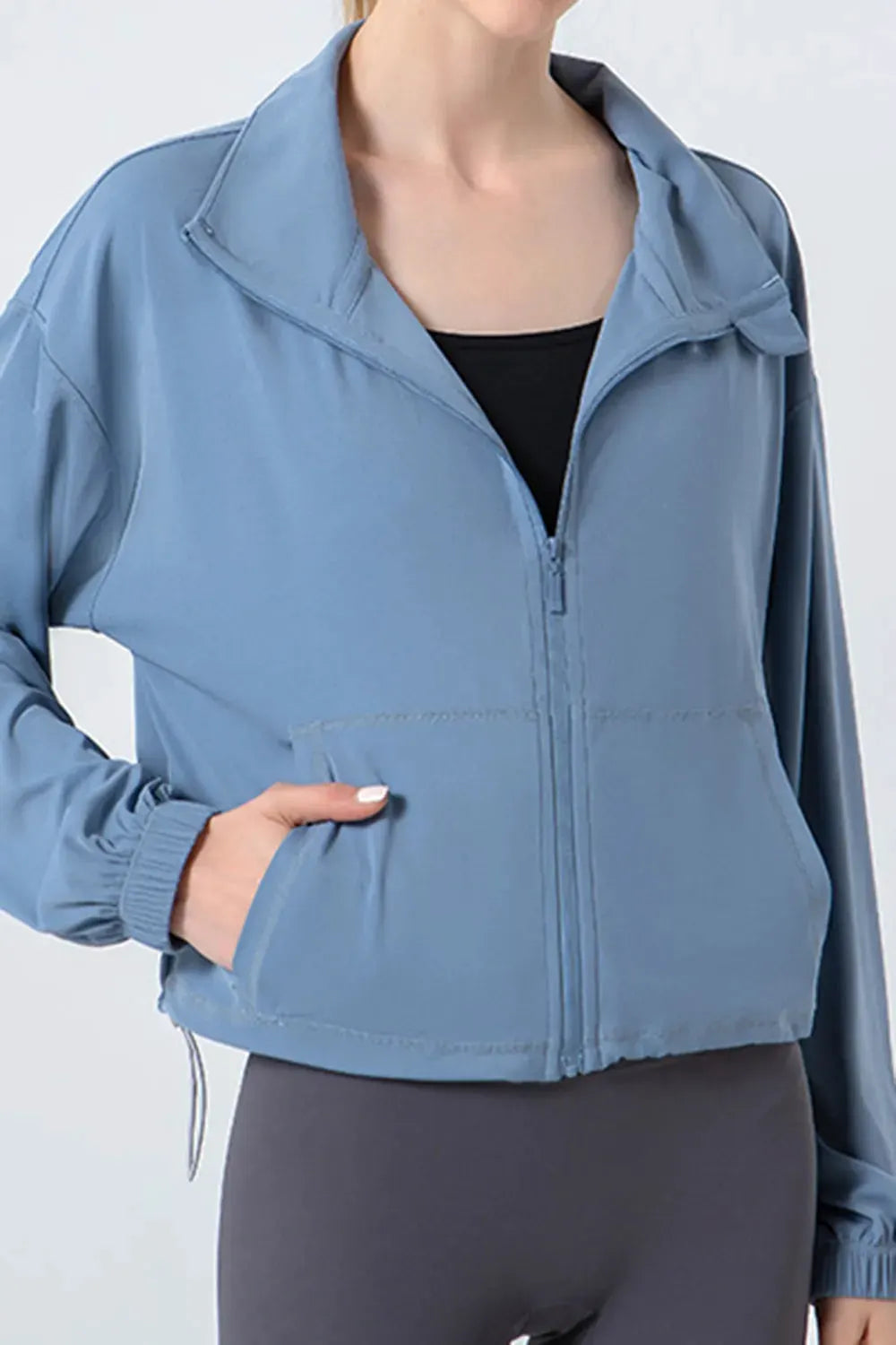 Drawstring Zip Up Dropped Shoulder Active Outerwear by Partner Label
