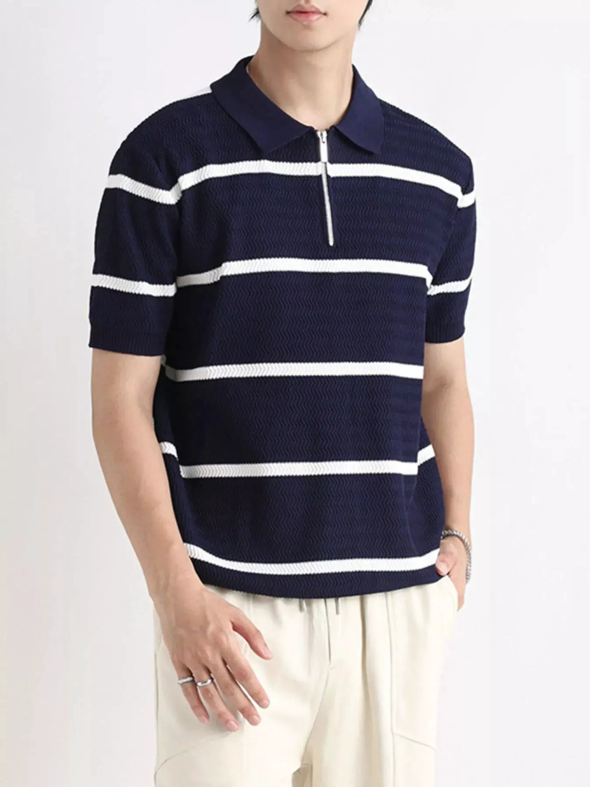 Men's Plus Size Striped Zip-Up Knit Polo by POL