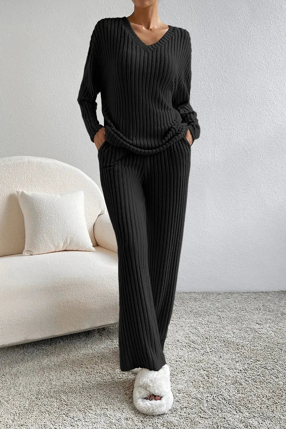 Ribbed V-Neck Top and Pants Lounge Set by Partner Label