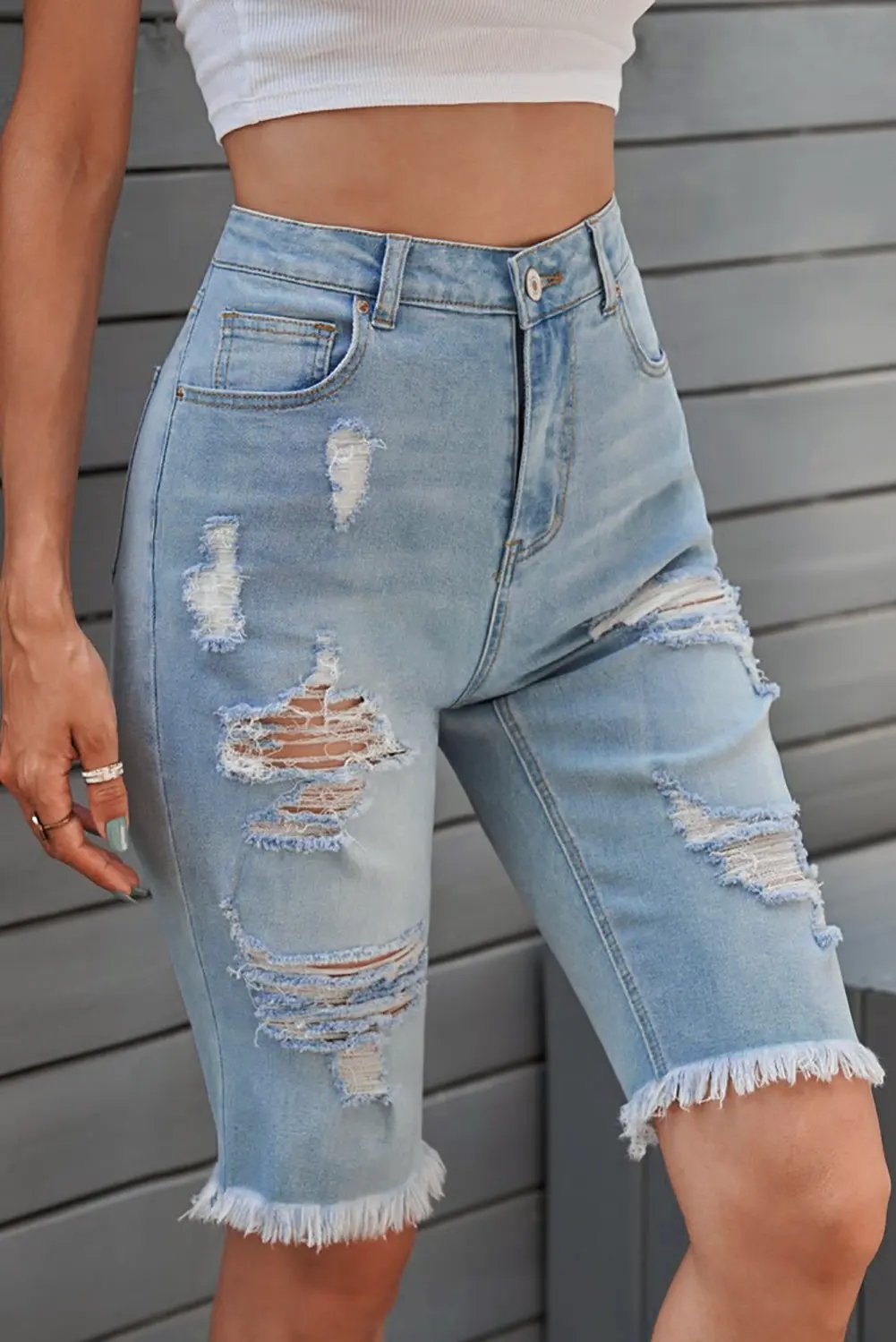 Distressed Raw Hem Denim Bermuda Shorts by Partner Label