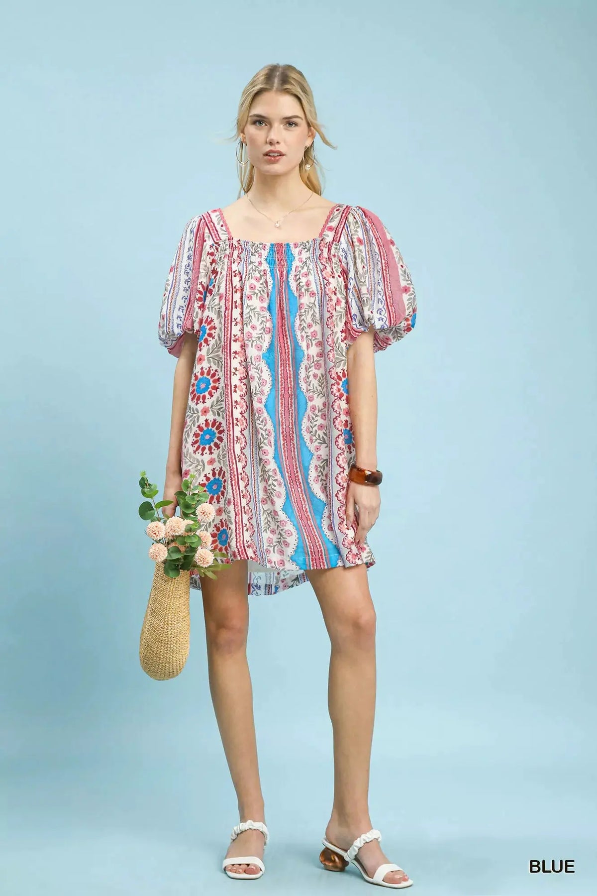 Umgee Mixed Print Puff Sleeve Mini Dress by Umgee USA