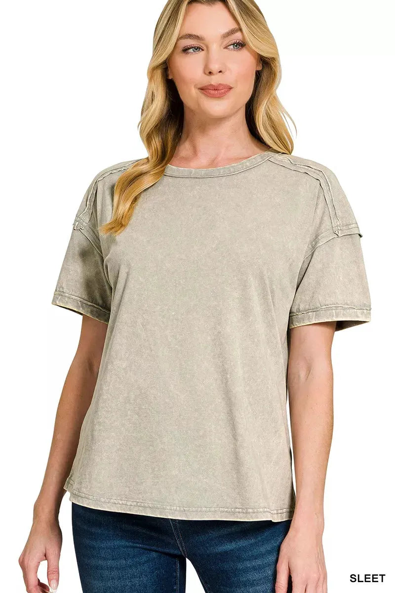 Acid Washed Round Neck T‑Shirt by boutique label Zenana | Partner Labels Selection by Zenana