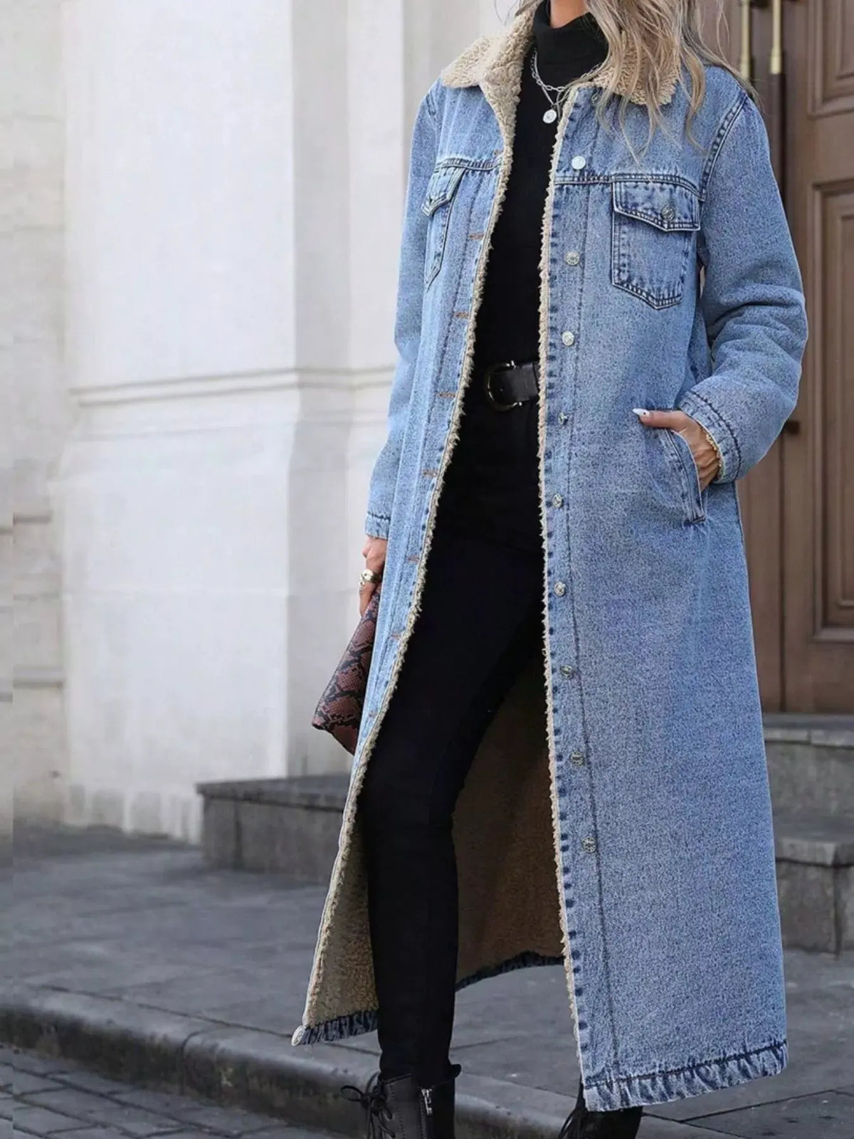 Sherpa Lined Longline Denim Jacket by Partner Label