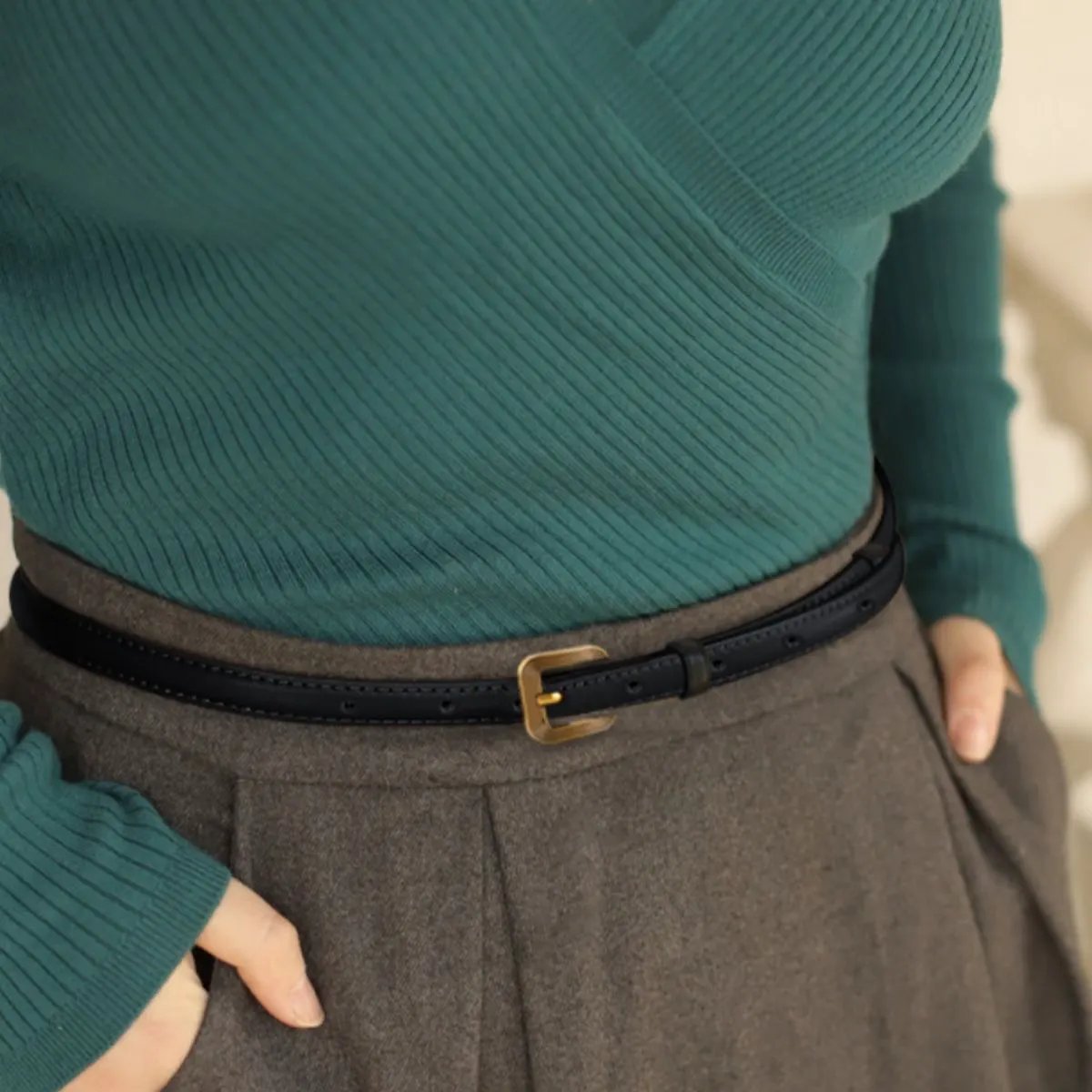 Leather Skinny Belt with Buckle by Trendsi
