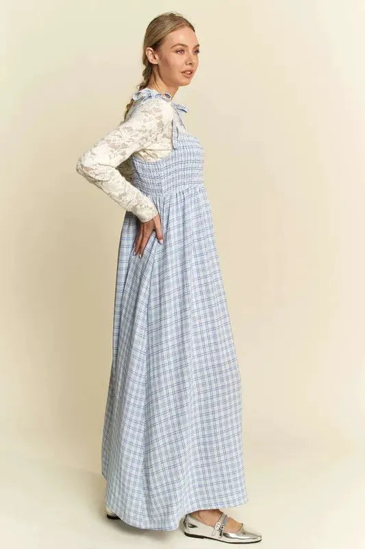 Davi & Dani Plaid Smocking Sleeveless Maxi Dress by Davi & Dani