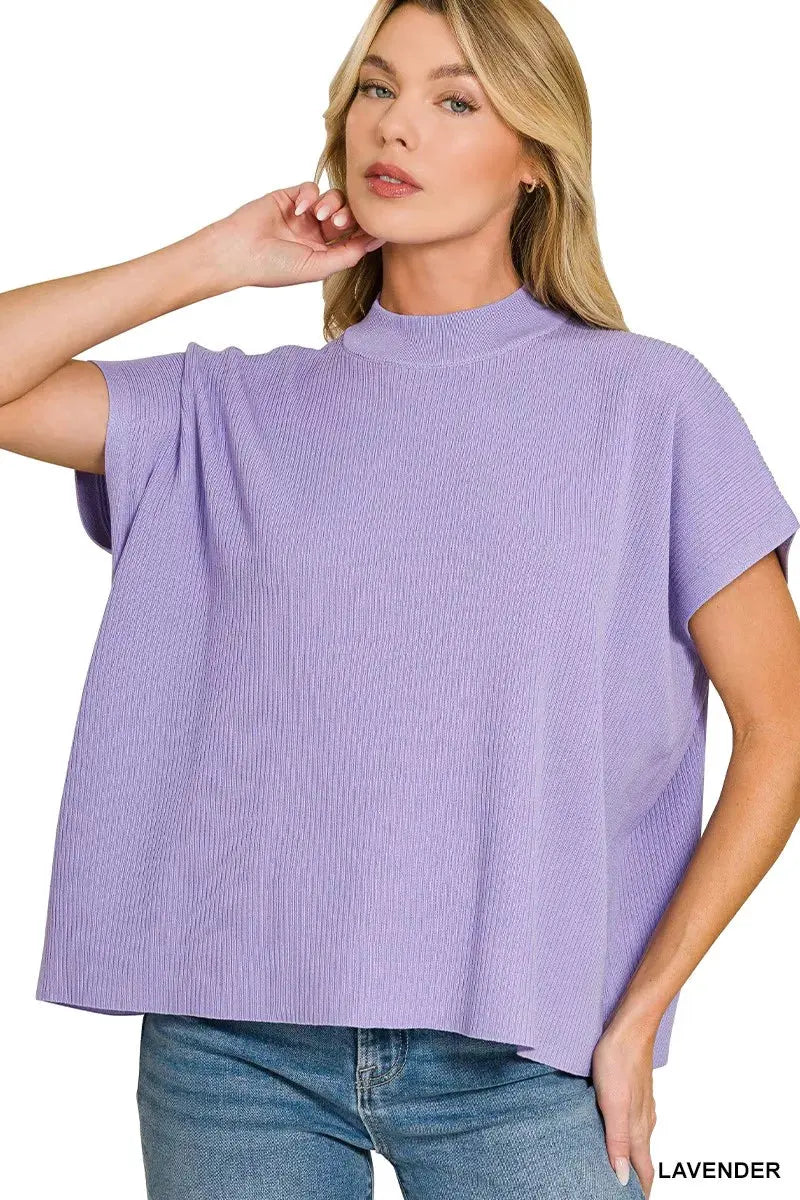 Zenana Viscose Mock Neck Short Sleeve Boxy Sweater by Zenana