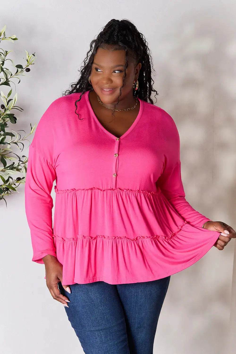 Double Take Half Button Long Sleeve Ruffle Hem Blouse by Double Take
