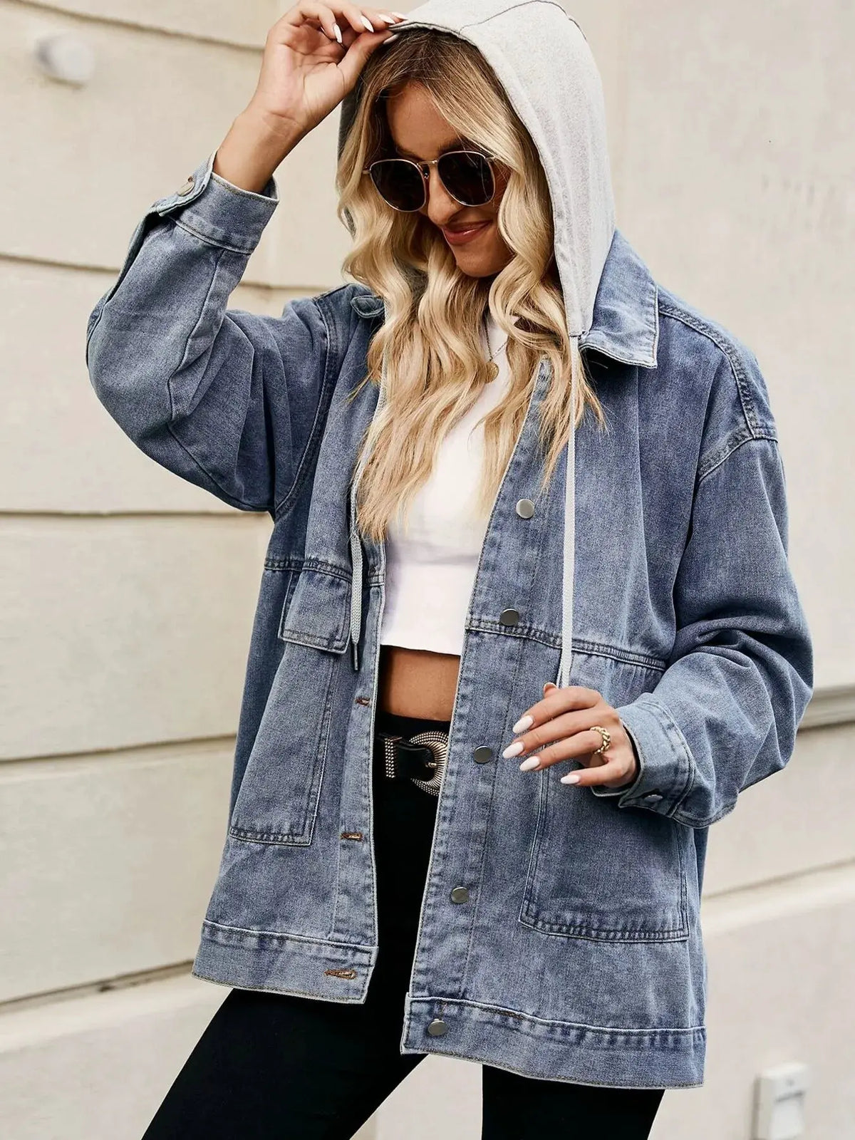 Oversized Button Up Denim Jacket with Hood by Partner Label