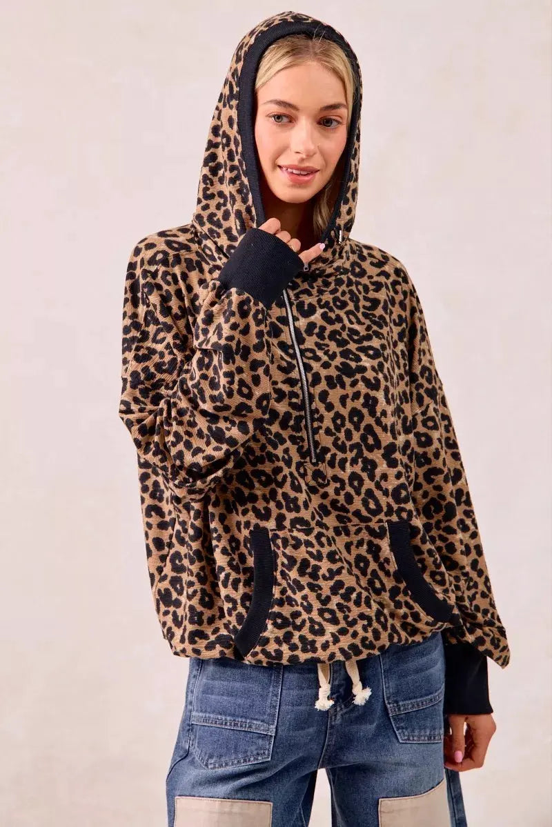 BiBi Leopard Print Waffle Half Zip Up Hoodie W Pocket by BiBi