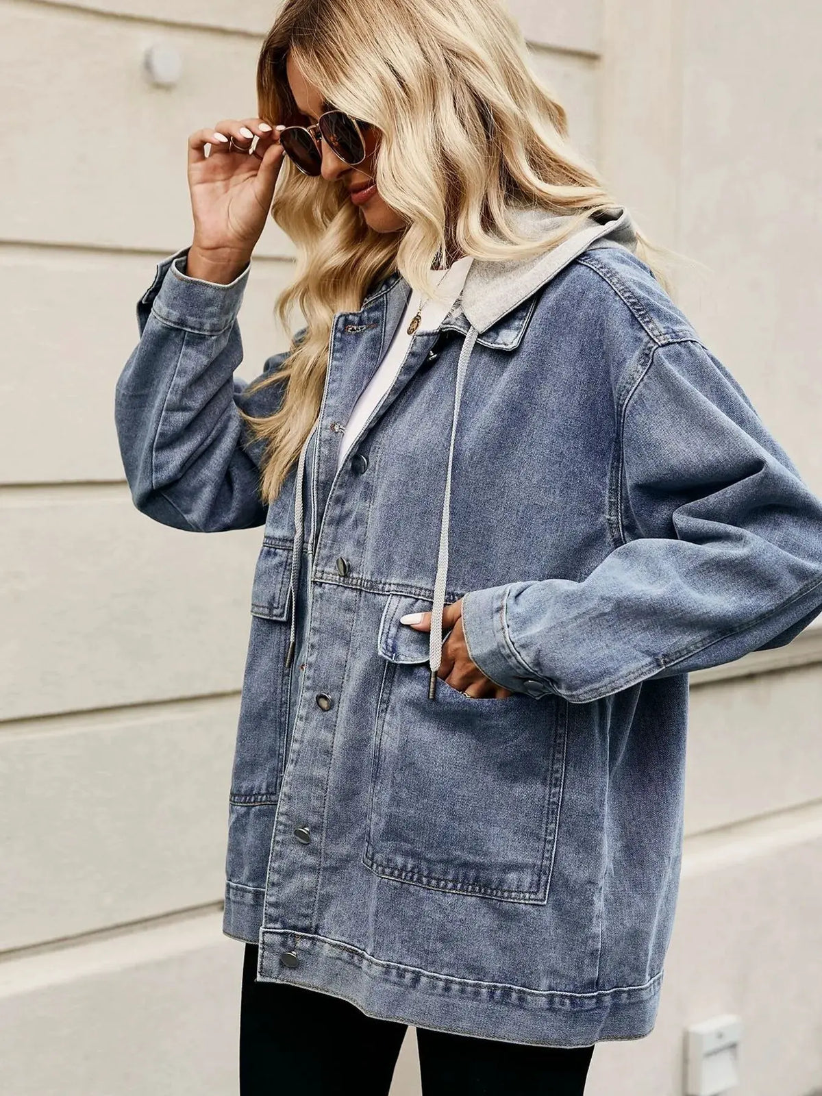 Oversized Button Up Denim Jacket with Hood by Partner Label