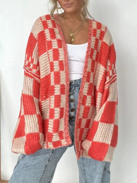 Plaid Open Front Long Sleeve Cardigan by Partner Label