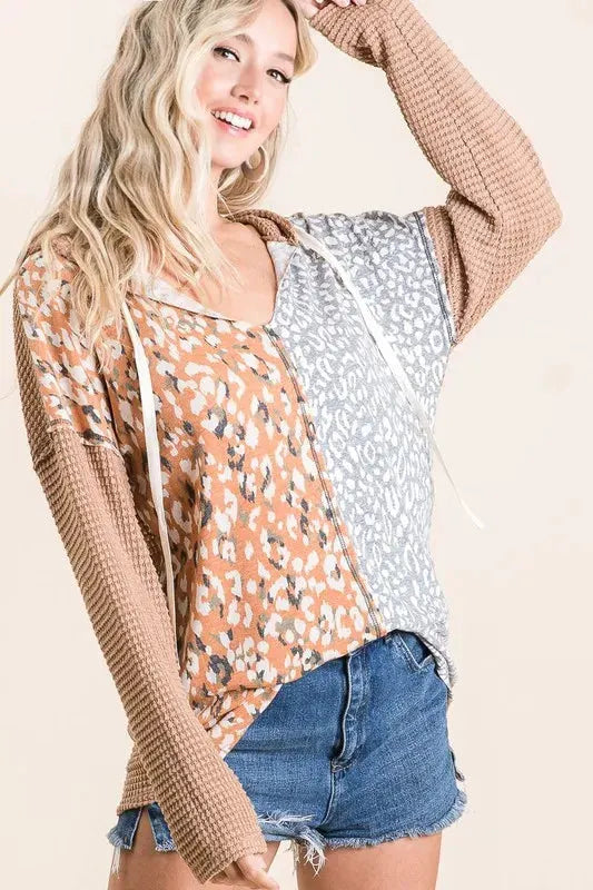 BiBi Popcorn Waffle Knit Hoodie with Print Block Front by BiBi