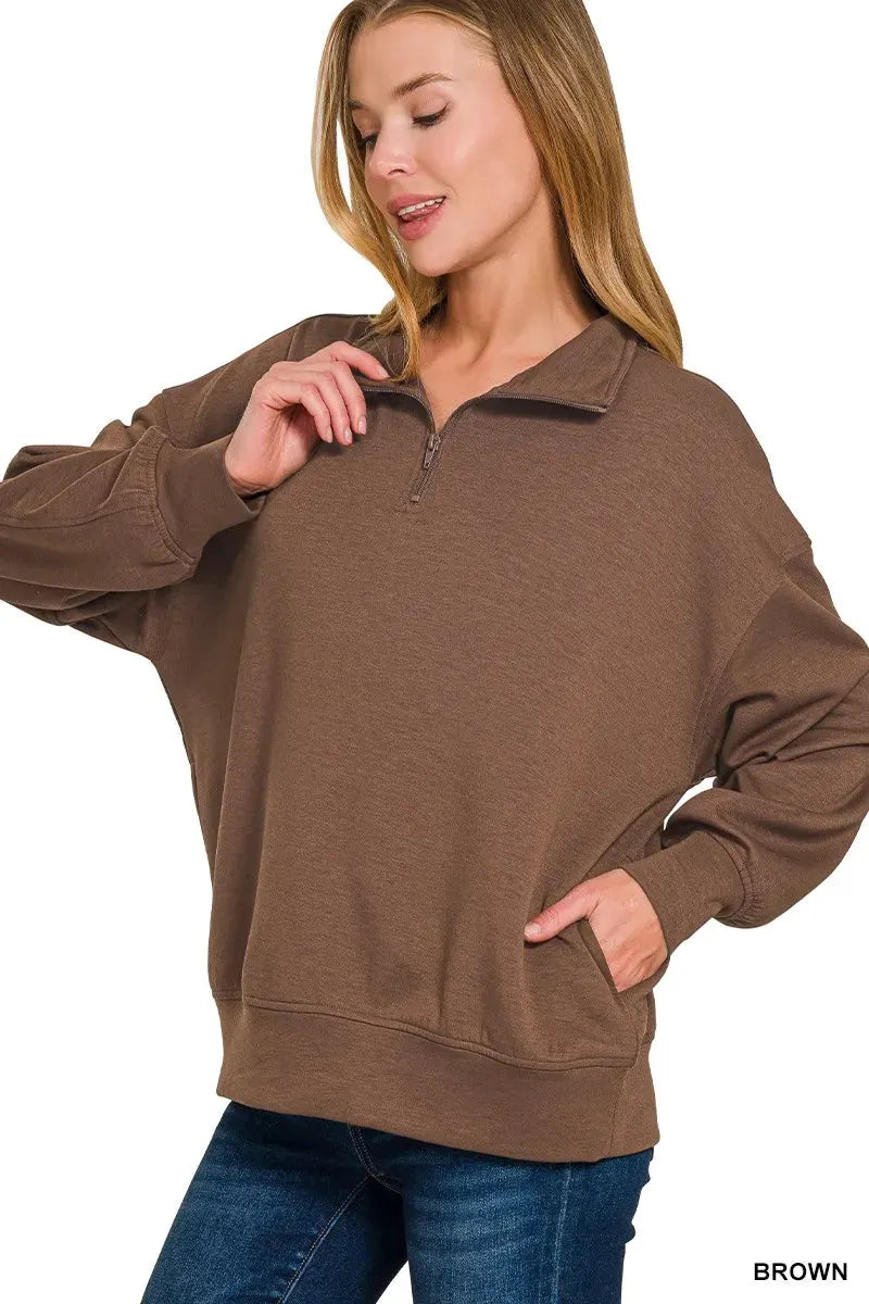 Zenana Scuba Quarter-Zip Sweatshirt by Zenana