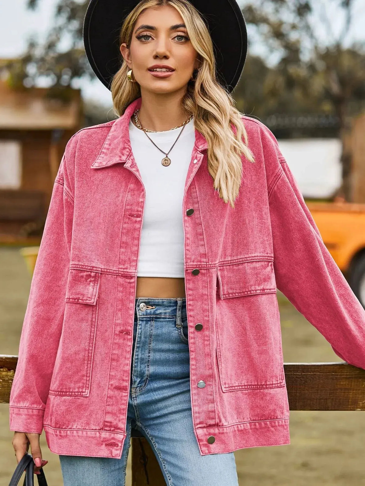 Oversized Button Up Denim Jacket with Hood by Partner Label