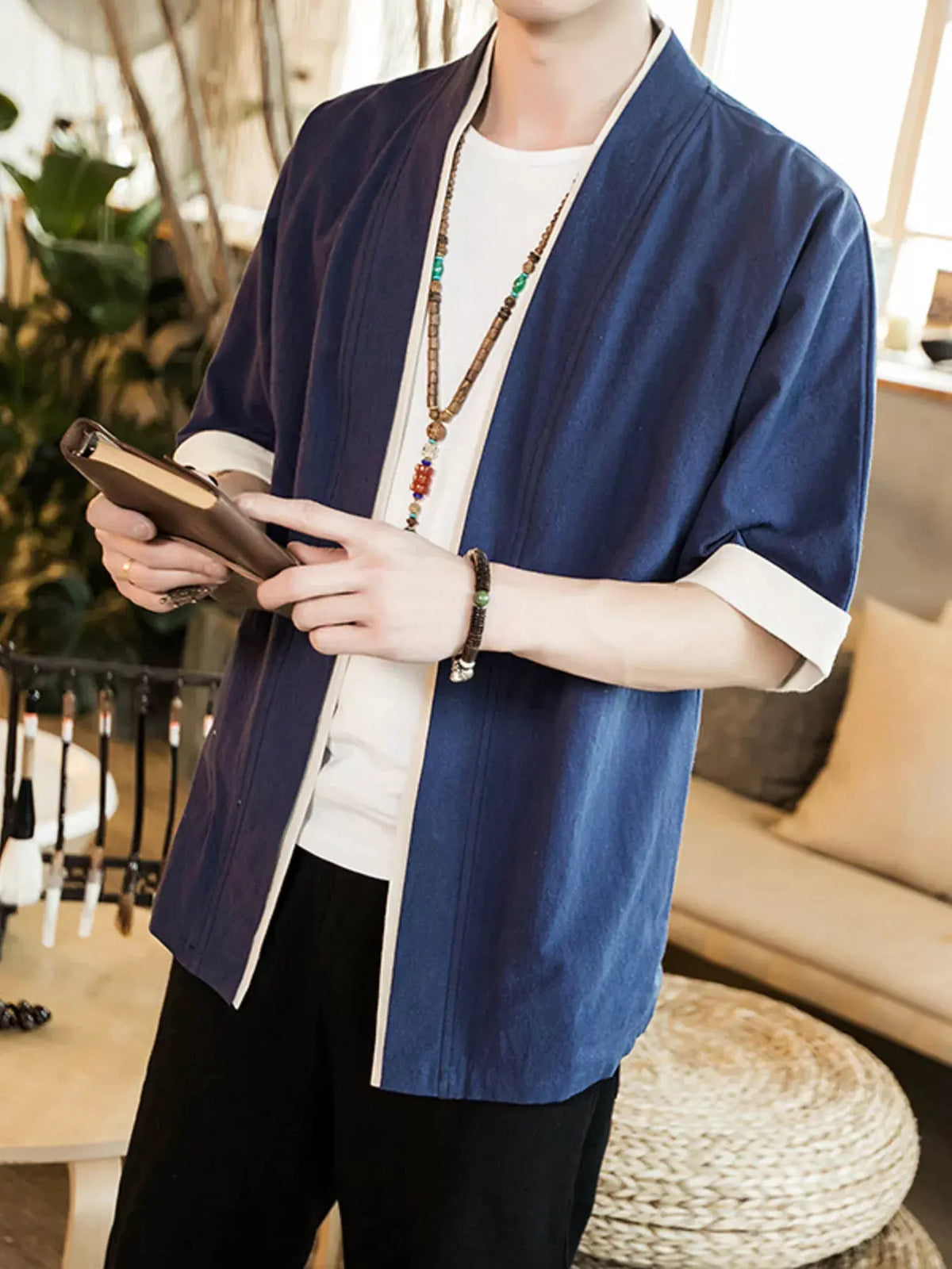 Men's Plus Size Contrast Trim Half Sleeve Shirt by Trendsi