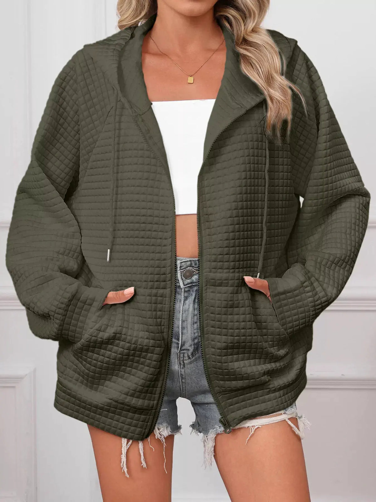 Full Size Textured Quilted Zip-Up Hooded Jacket Plus Size by Partner Label