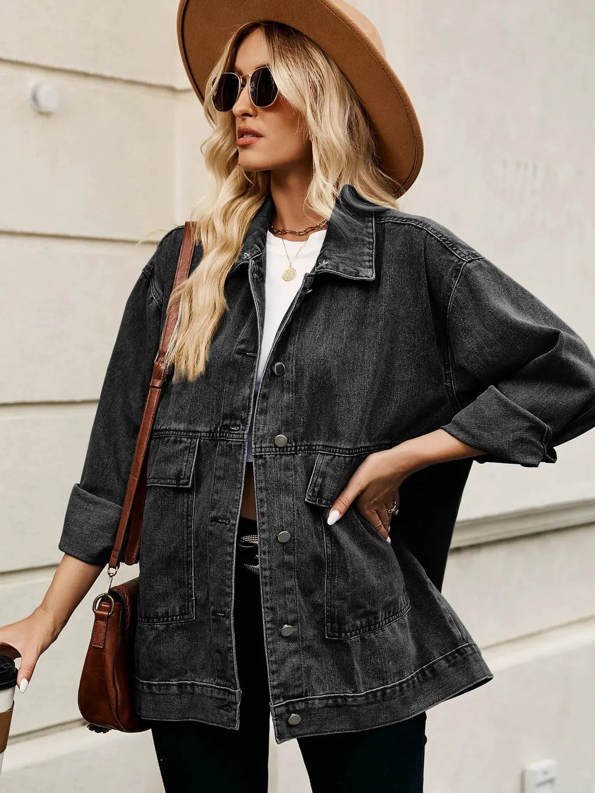 Oversized Button Up Denim Jacket with Hood by Partner Label