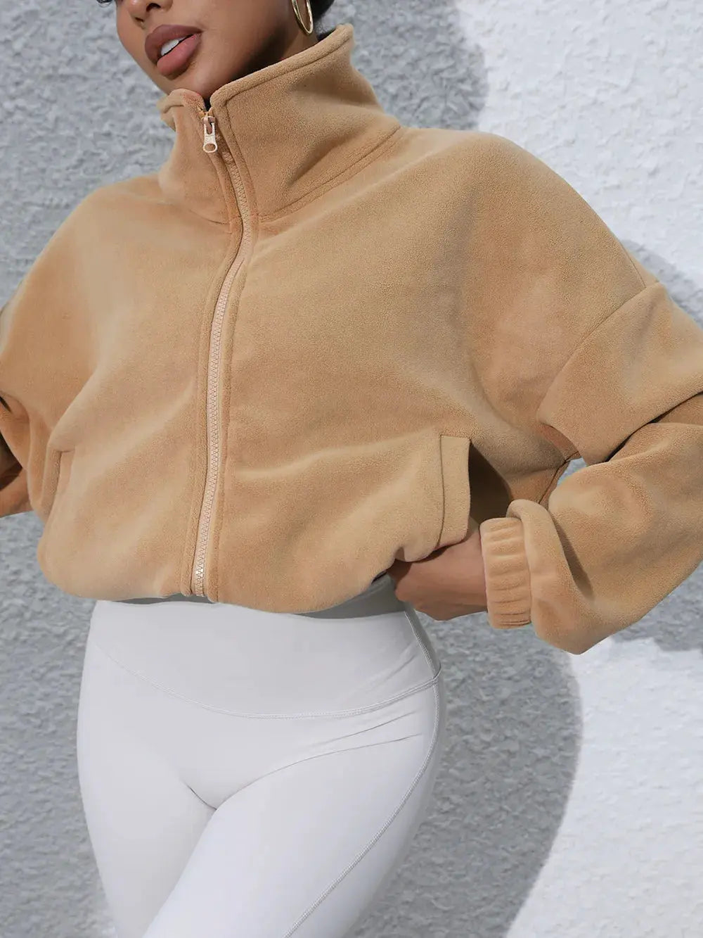 Drawstring Turtleneck Zip Up Long Sleeve Jacket by Partner Label