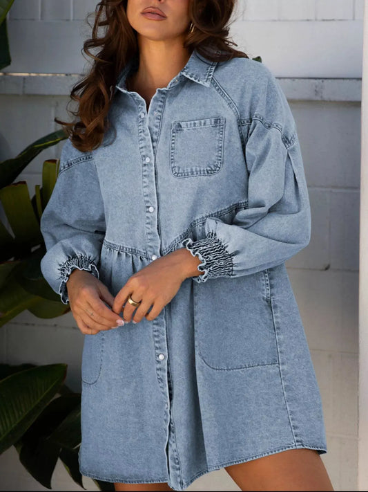 Smocked Cuffs Flared Denim Shirt Mini Dress by Partner Label