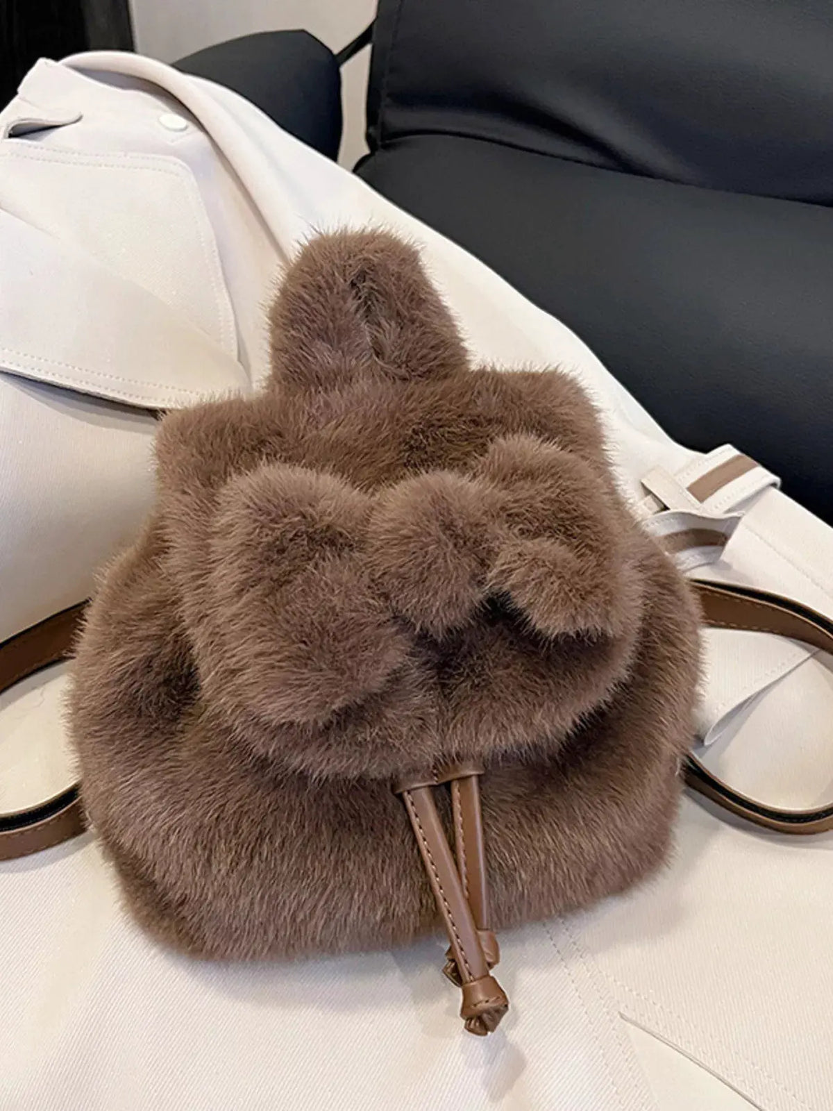 Fuzzy Plush Drawstring Backpack Bag by Partner Label
