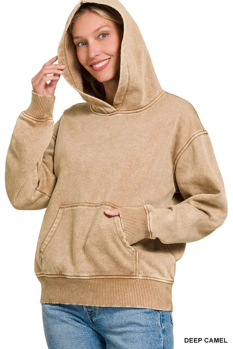 Zenana Fleece Acid Wash Kangaroo Pocket Hoodie by Zenana