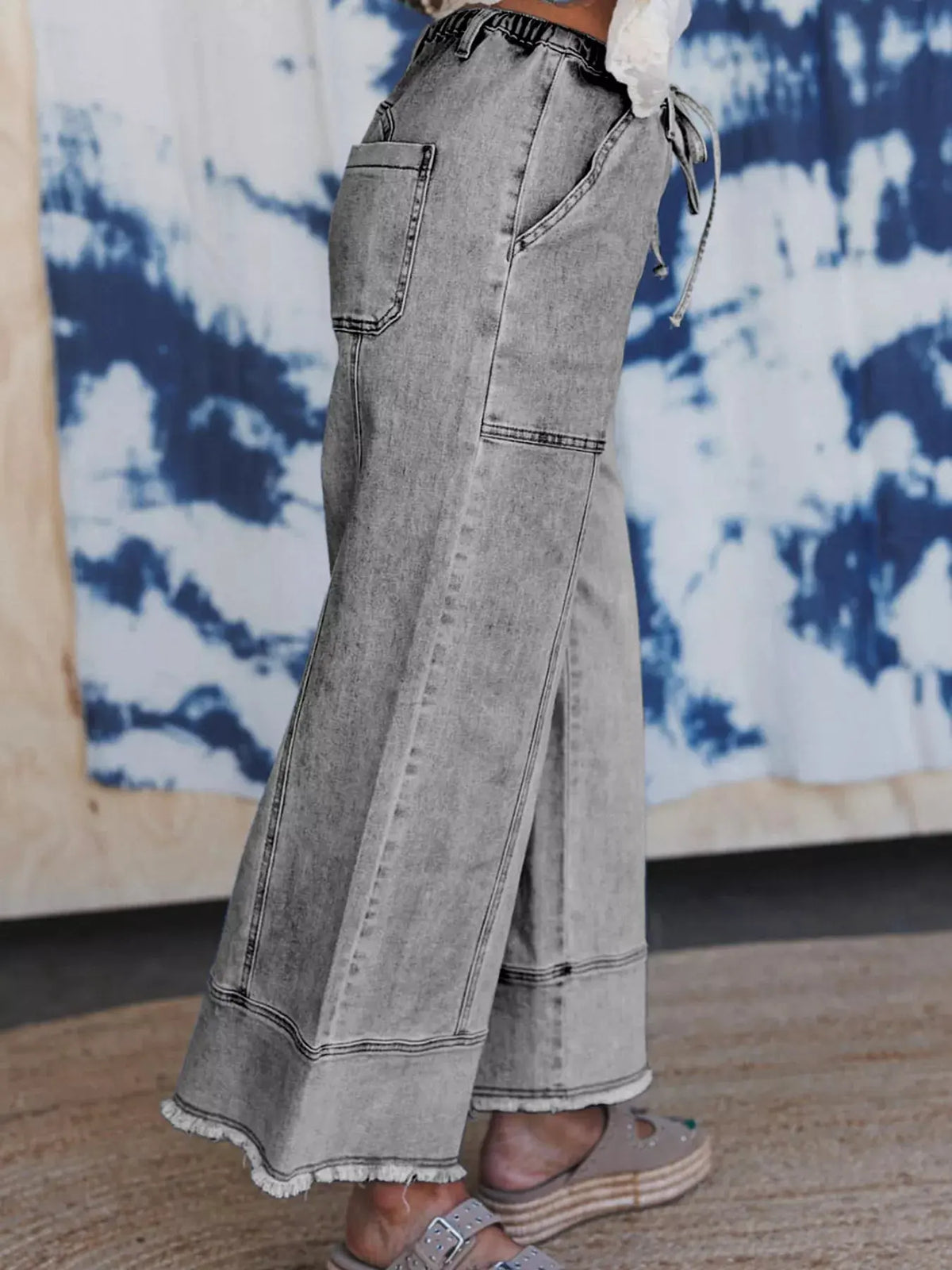 Wide Leg Drawstring Raw Hem Jeans by Partner Label