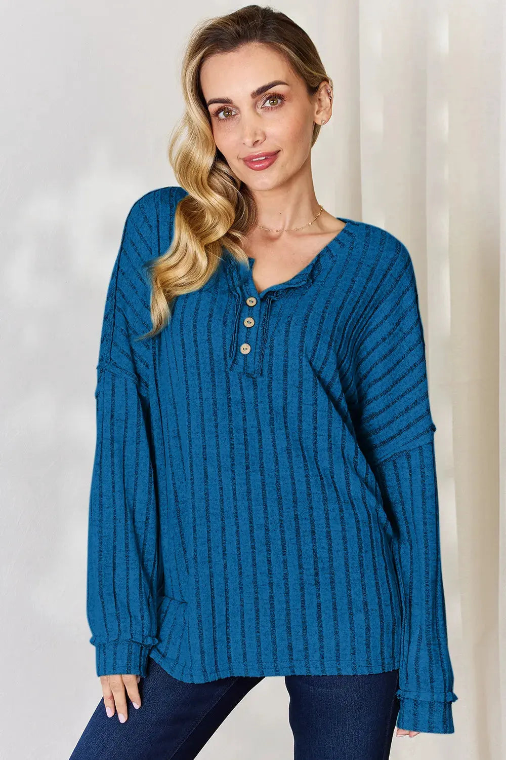 Basic Bae Full Size Ribbed Half Button Long Sleeve T‑Shirt | Partner Labels Selection by Partner Label