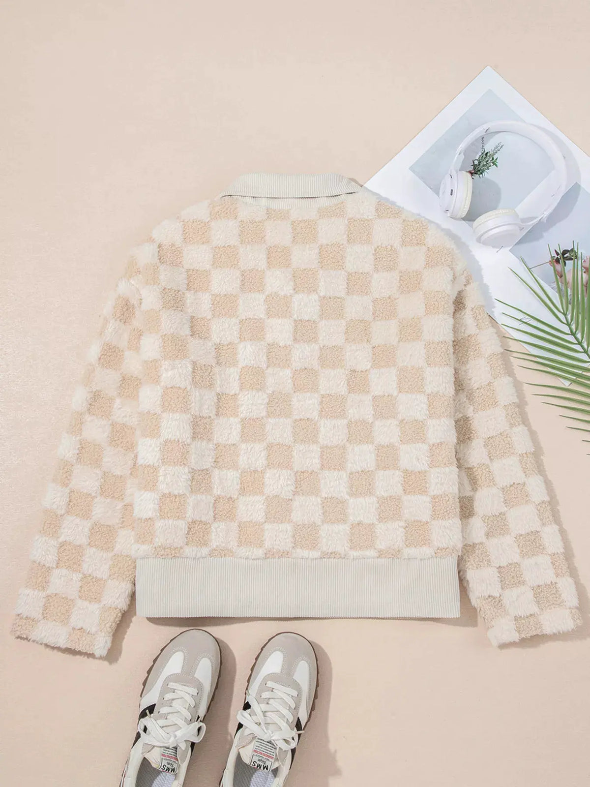 Checker Sherpa Corduroy Patchwork Zip Up Jacket by Partner Label