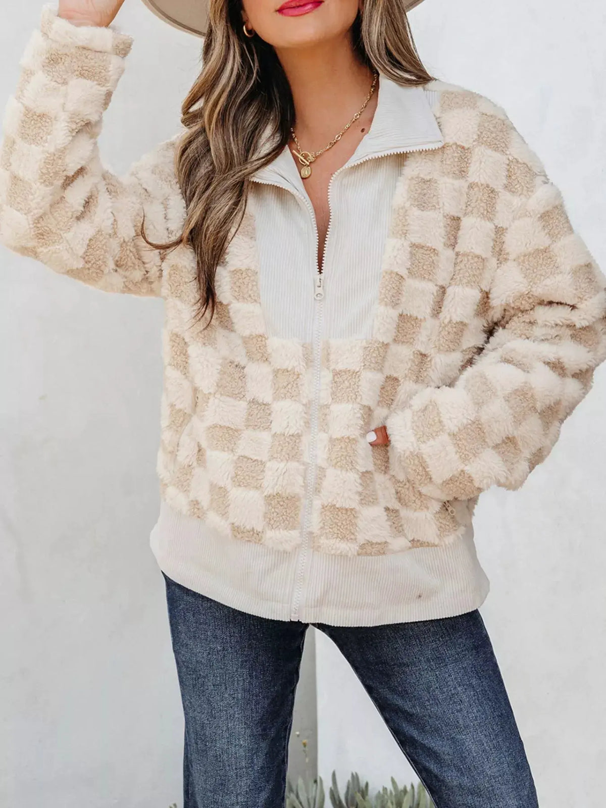 Checker Sherpa Corduroy Patchwork Zip Up Jacket by Partner Label