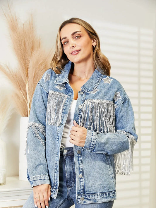 Fringe Detail Long Sleeve Denim Jacket by Partner Label