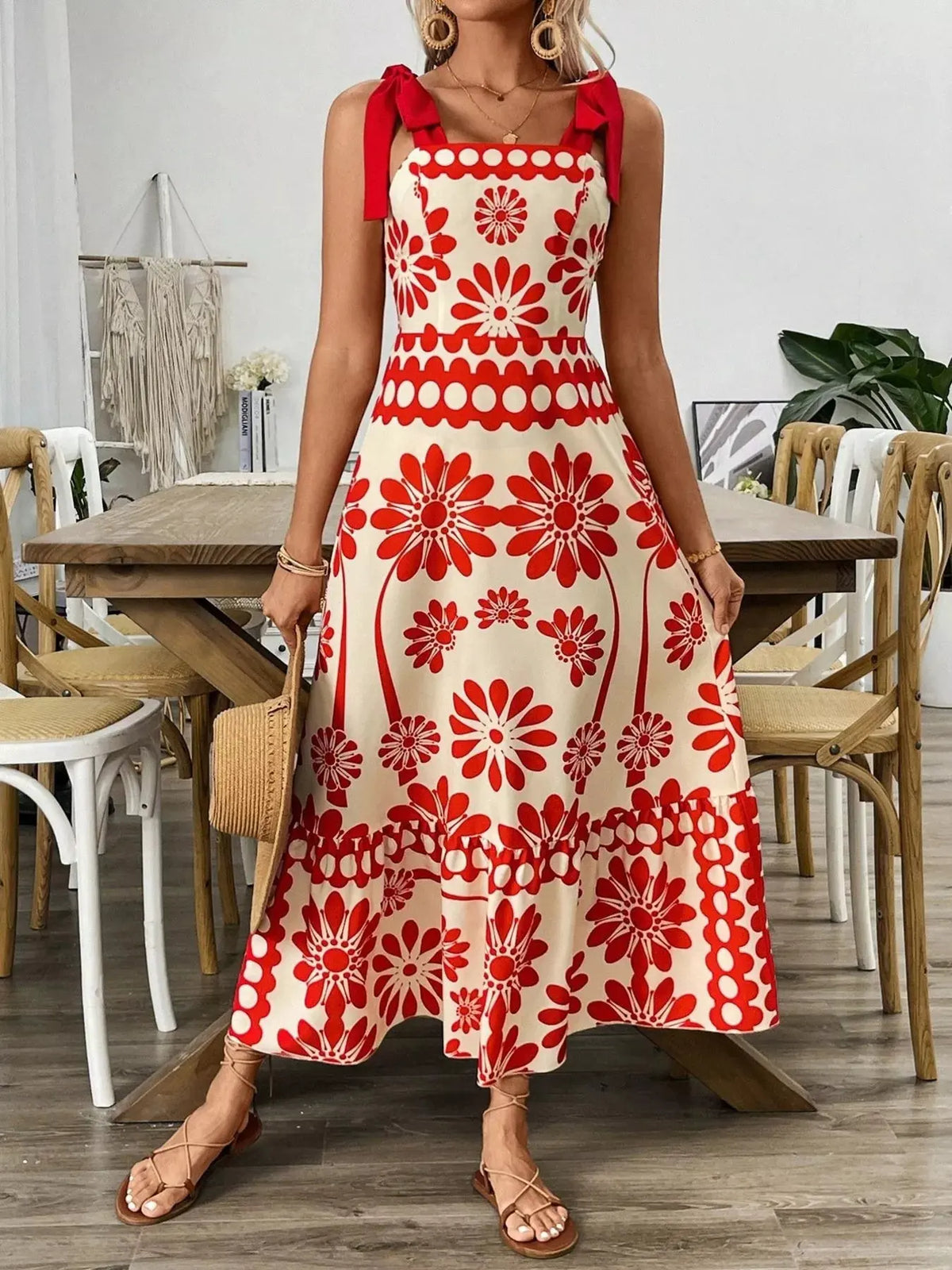 Floral Print Tie-Shoulder Midi Dress by Partner Label