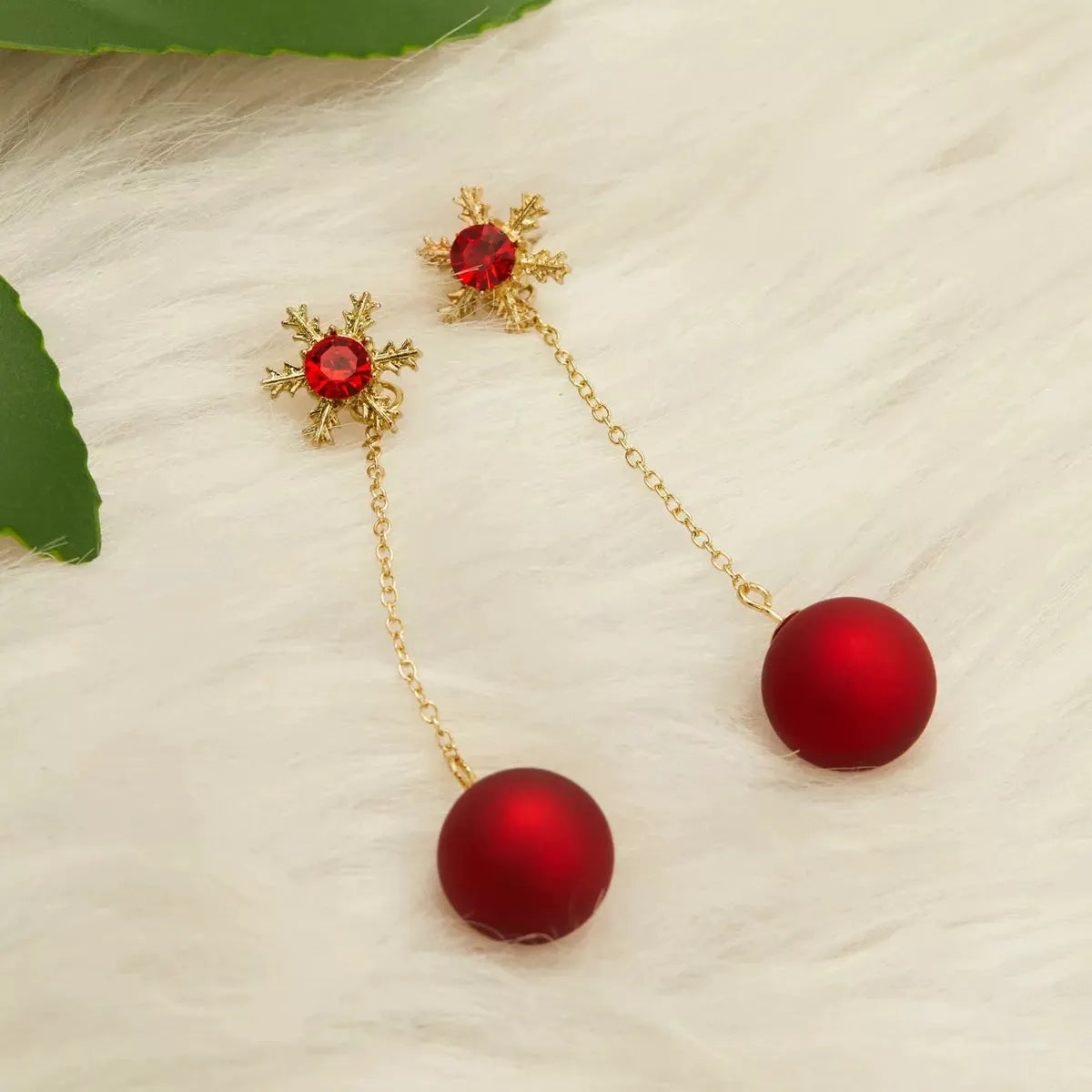 Snowflake Drop Earrings with Red Ball by Partner Label