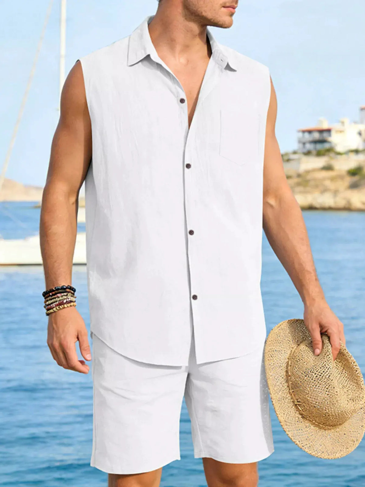 Men's Full Size Button Up Sleeveless Top and Shorts Plus Size by Trendsi