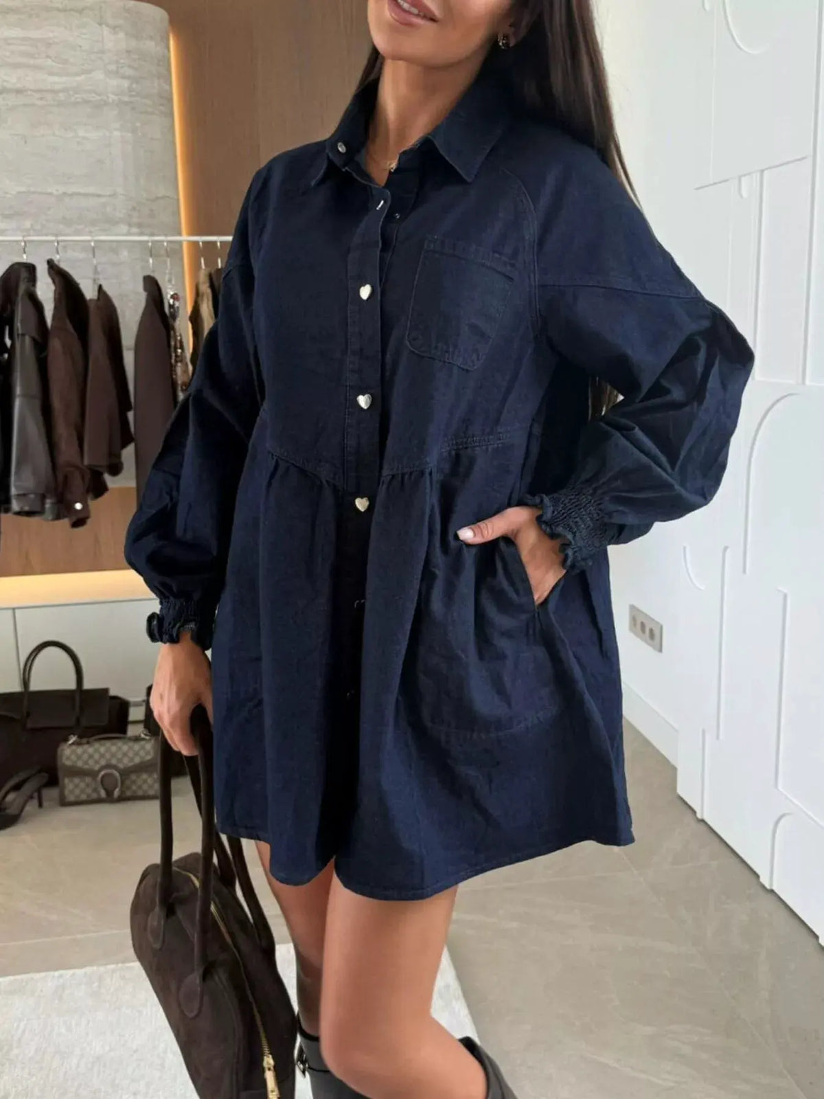 Button Down Mini Denim Dress with Front Pockets by Partner Label