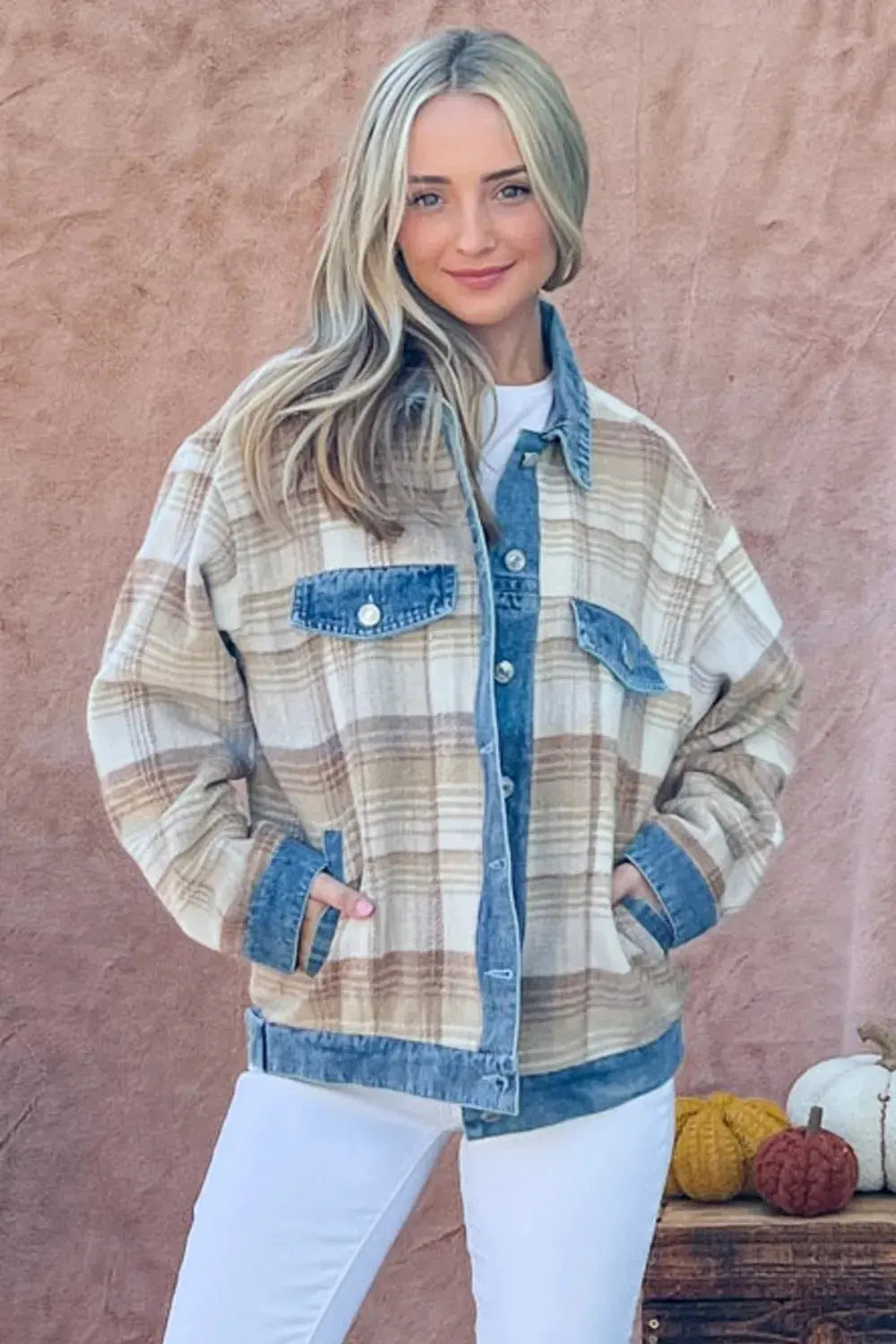 And The Why Full Size Washed Denim Detail Brushed Plaid Jacket by And The Why