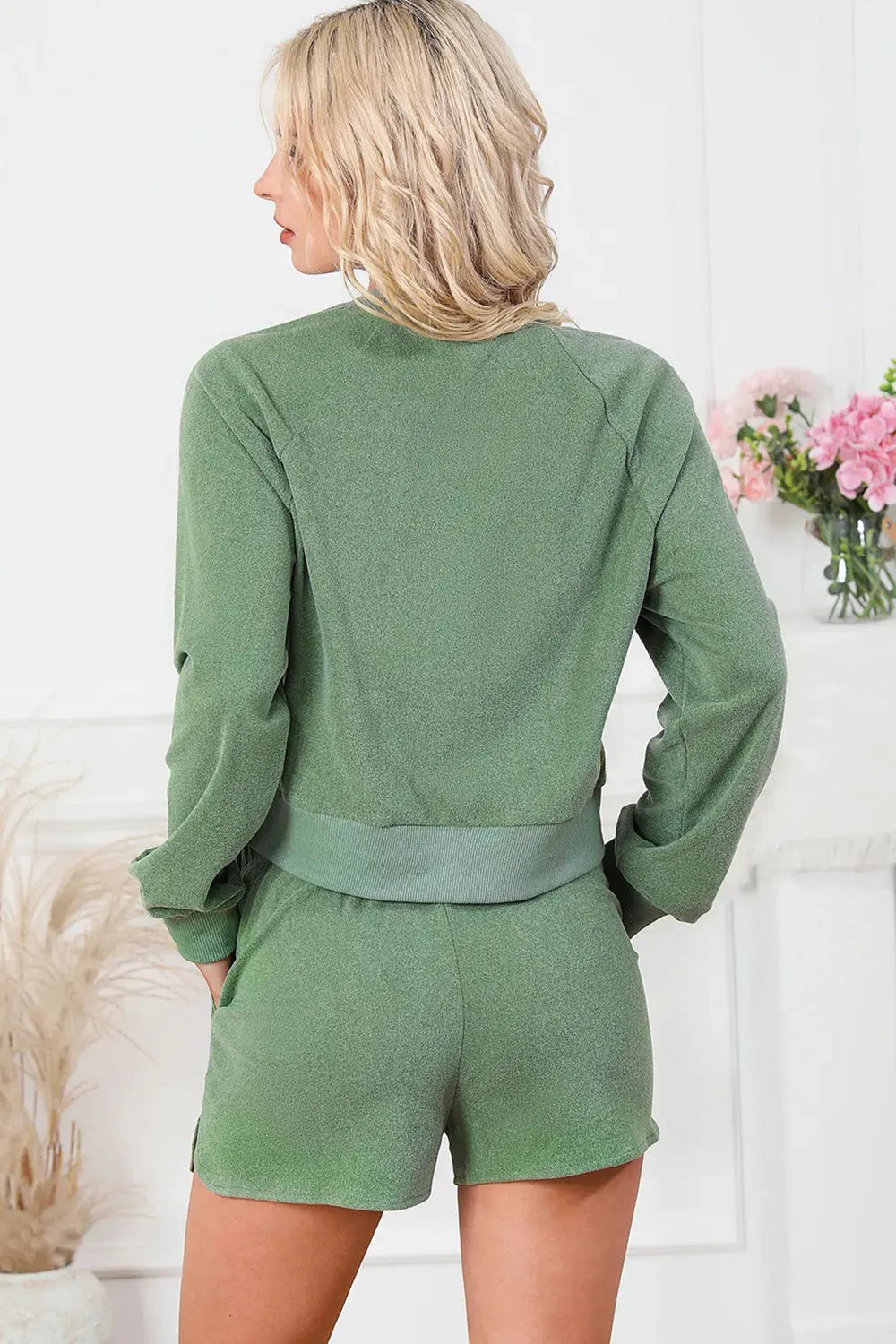 Round Neck Long Sleeve Top and Drawstring Shorts Lounge Set by Partner Label