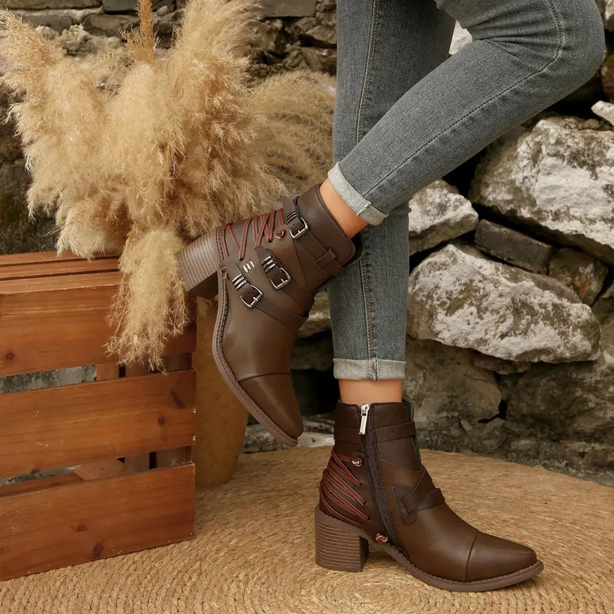 Point Toe Buckle Strap Ankle Boots with Block Heels by Partner Label