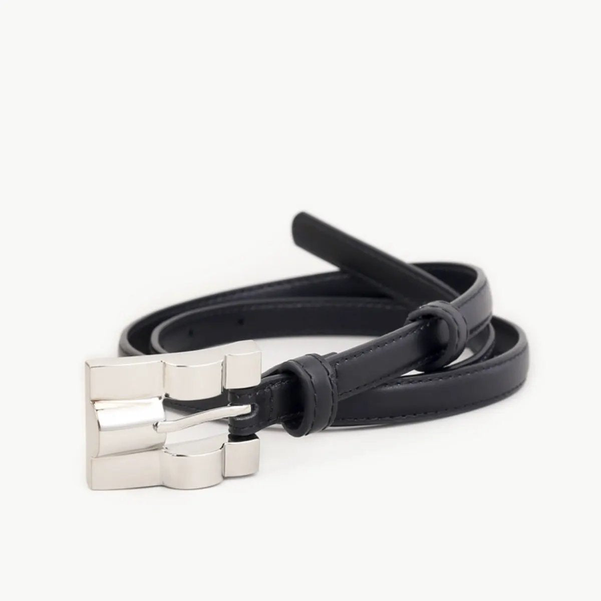 Skinny Leather Belt with Silver Buckle by Trendsi